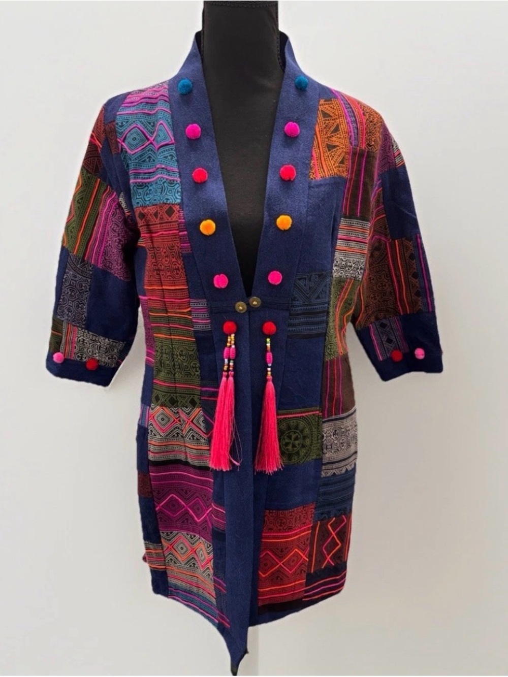 Bohemian Embroidered Artisan Jacket M Indigo Patchwork Tassel Pom Pom Ethnic